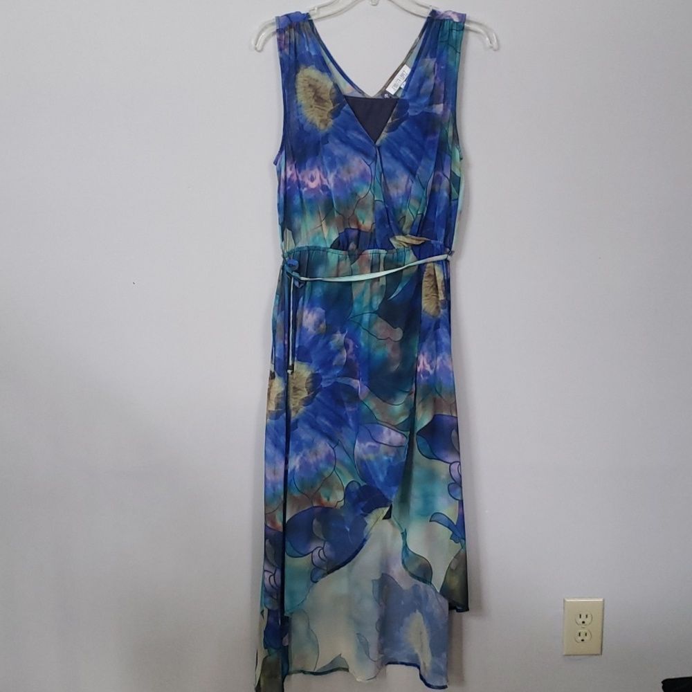 Y2K J Lo Dress M Sheer Tulip Hem Satin Slip Floral Fairy Mermaid Watercolor